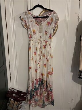Lucky Brand Floral Maxi Dress with Tie Waist in White